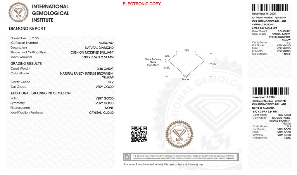 没有保留价 - 1 pcs 钻石 (天然) - 0.36 ct - 枕形 - SI2 微内含二级 - 国际宝石研究院(IGI) #4.3
