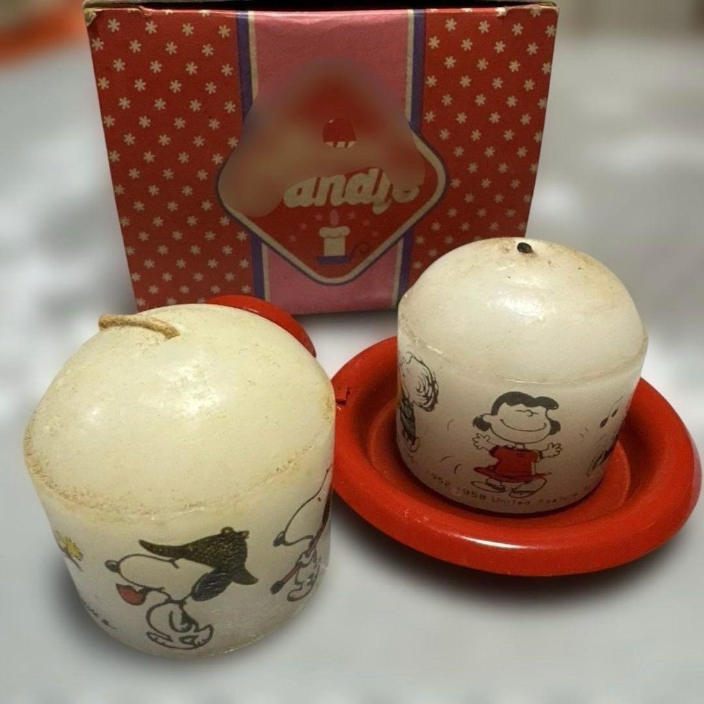 Peanuts / Snoopy - 2 Conjunto de vela retro Showa Snoopy ultra raro com suporte (1975) #4.3