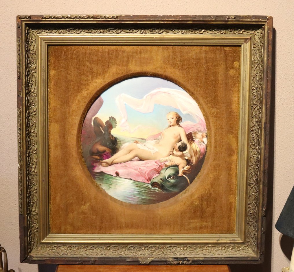 Limoges - Χειροποίητα διακοσμημένη πινακίδα με γυμνό. - Maxime Menneries (French 19th. cent.) - Πλακέτα - Πορσελάνη, Ξύλο #1.0