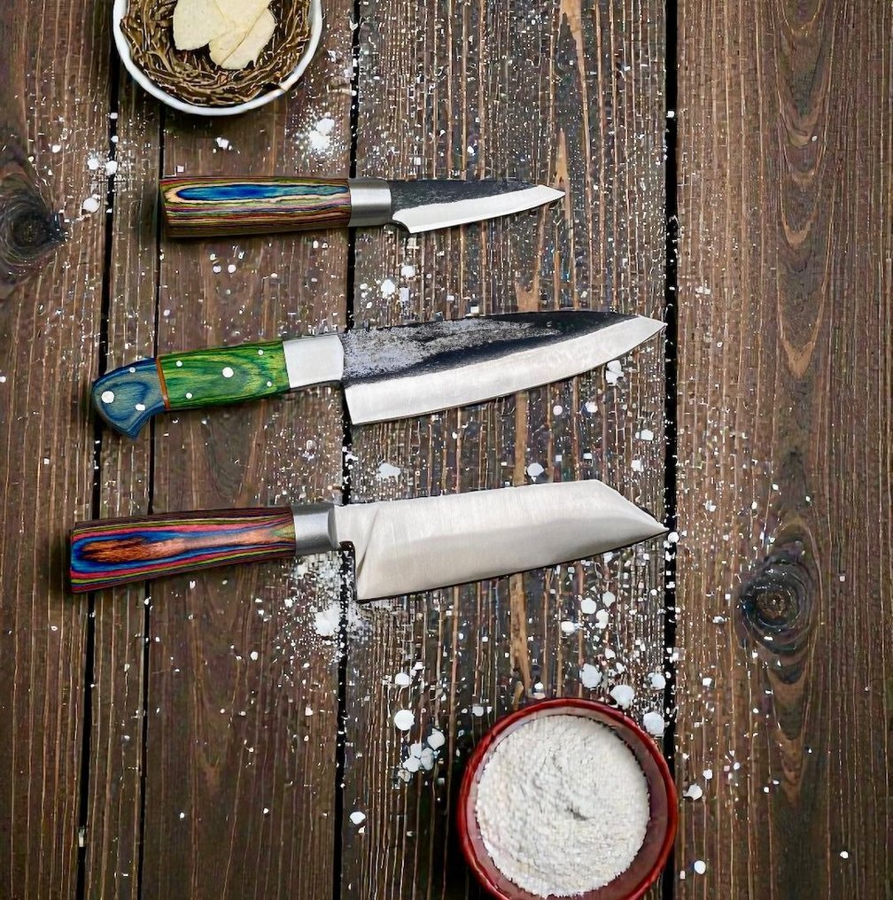 Set of THREE, Hand-Forged with Old Steel, Japanese Style Knives from Elite - Μαχαίρι κουζίνας - Chef's knife - Χάλυβας, Ξύλο, Εκλεκτό σετ 3 τεμαχίων, χειροποίητα σφυρηλατημένα ιαπωνικά παλαιά ατσάλι, αντίκες μαχαίρια - Ιαπωνία #4.3