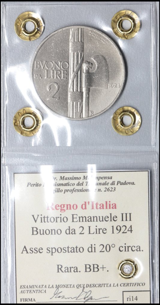 Olaszország, Királyság Vittorio Emanuele III. Lotto di 2 monete con asse spostato - Errore di coniazione - Buono da 2 Lire 1924 / 1 Lira 1942 (Nincs minimálár) #1.0