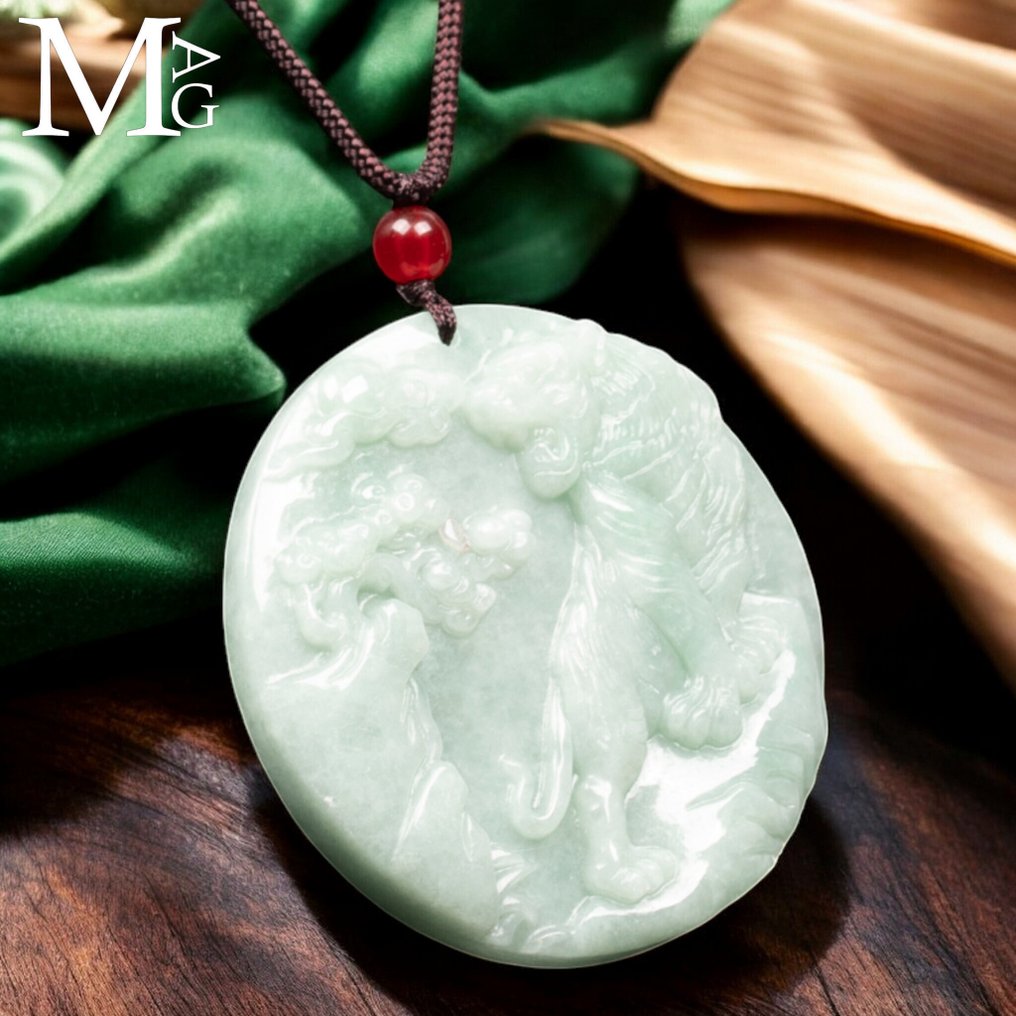 Nephrite Jade Amulet – Traditional Landscape Design Hand-Carved Nephrite Jade Pendant with Tiger Motif - Height: 52 mm - Width: 52 mm- 45 g #3.2