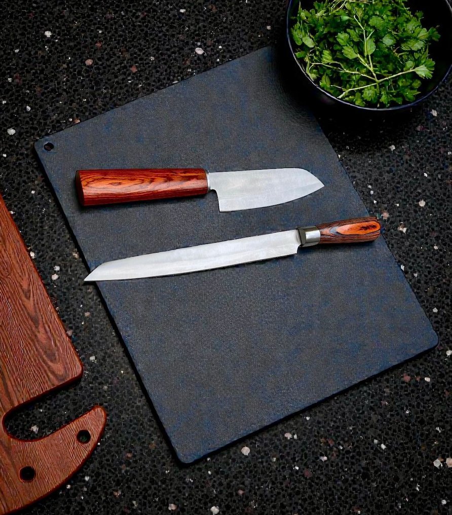 Set of TWO, Hand-Forged with Old Steel, Japanese Style Knives from Elite - Μαχαίρι κουζίνας - Chef's knife - Χάλυβας, Ξύλο, Εκλεπτυσμένο σετ 2 τεμαχίων, χειροποίητα ιαπωνικά παλιά ατσάλι, κλαστικά μαχαίρια - Ιαπωνία #1.0