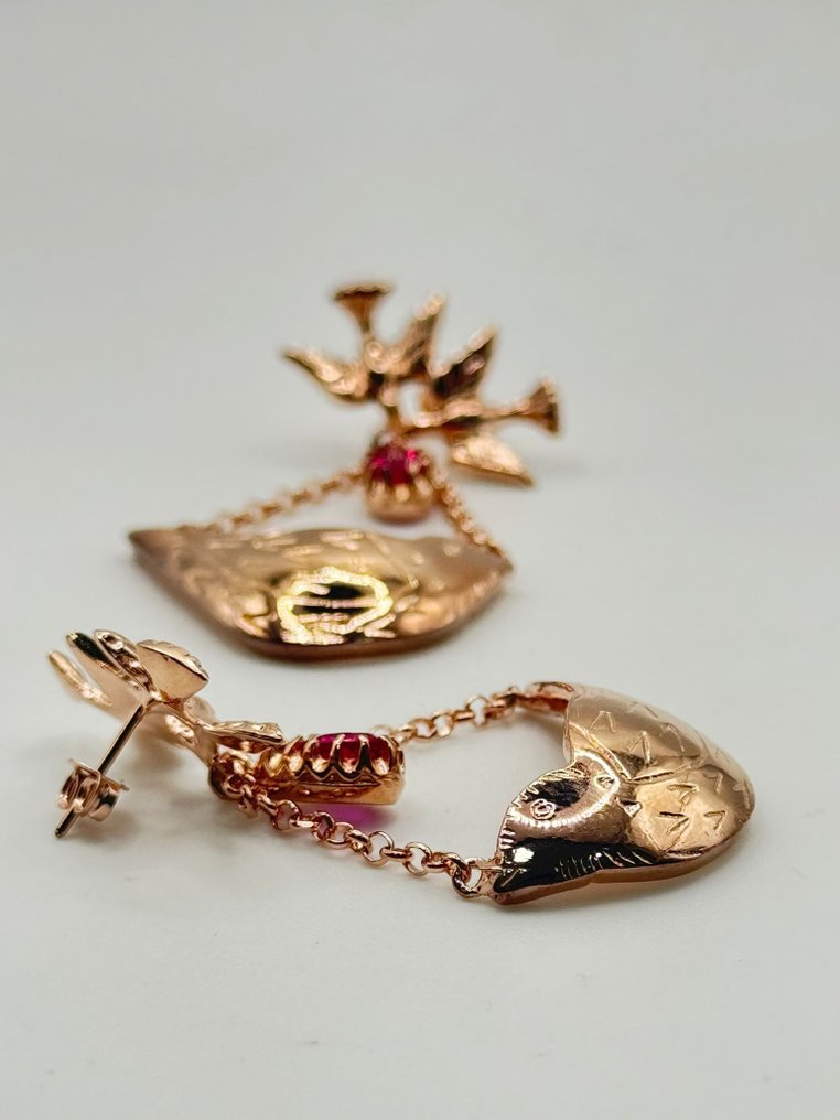 Nincs minimálár - Drop fülbevaló - 9 Kt Ezüst, Rózsa arany Rubin #1.0