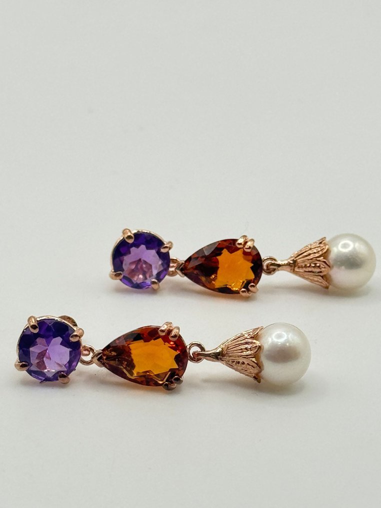 Zonder Minimumprijs - Oorbellen - 9 kt. Zilver, Roségoud Amethist - Citrien #1.0