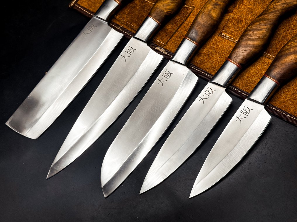 Japanese Style Kitchen Knife SET With Leather BAG Included - 厨刀 - Kitchen knife set - IT-39 - 钢, 木 - 意大利 - 不锈钢5件套 #1.0