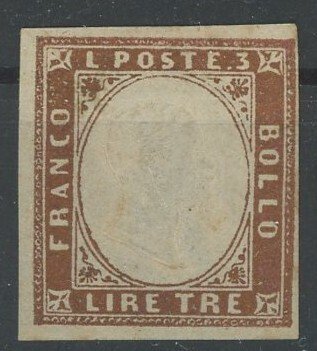 意大利古城邦-撒丁岛 1861 - 维托里奥·埃马努埃莱二世像,3里拉铜币,编号18A,第四版,带新胶——曼佐尼 - Sassone n.18A #1.0