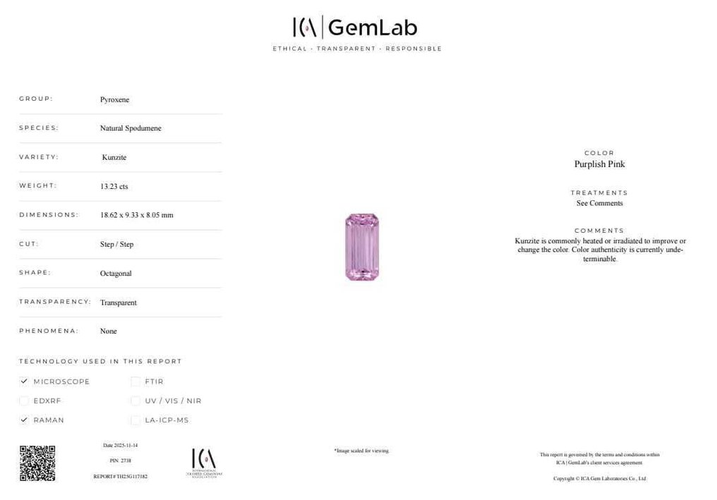 1 pcs  Ροζ, Μωβ Κουνζίτης  - 13.23 ct - Διεθνής Ένωση Έγχρωμων Πολύτιμων Λίθων (ICA GemLab) #4.3