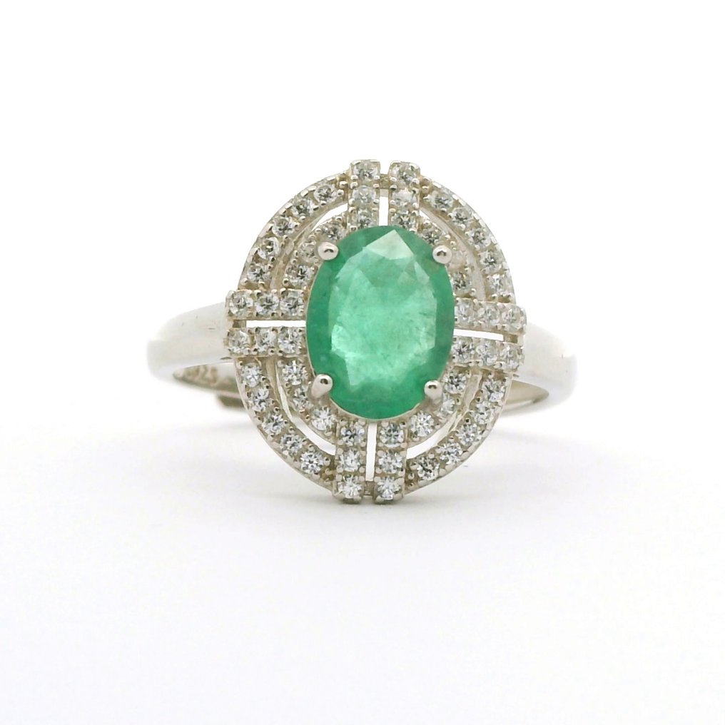Smeraldo - Argento, Anello di smeraldo in stile Art Deco - Anello #1.0