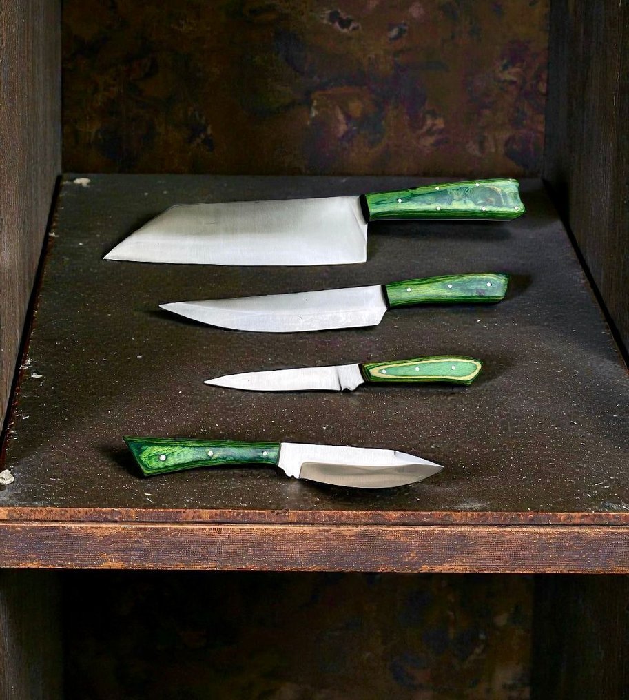 Set of FOUR, Hand-Forged with Old & dual polish Steel, Japanese Style Knives from Elite - 廚刀 - Chef's knife - 鋼, 木, 精美的四件套,手工锻造的日本古老钢材,复古刀具 - 日本 #1.0