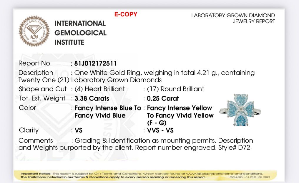 Gyűrű - 14 kt. Fehér arany - 3.63ct. tw. Kék Gyémánt (Laboratóriumban előállított fancy színű gyémánt) - Gyémánt #2.1