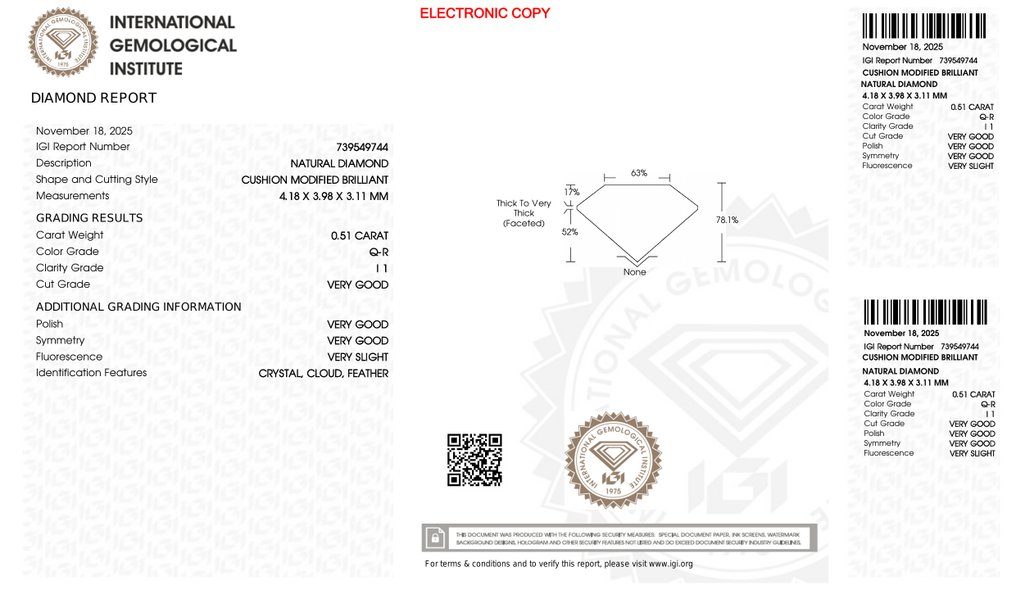 没有保留价 - 1 pcs 钻石  (天然)  - 0.51 ct - 枕形 - I1 内含一级 - 国际宝石研究院（IGI） #4.3