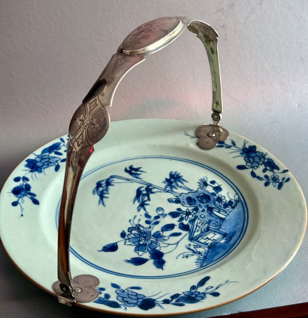 Blauw Wit Bord met zilveren beugel - Teller - Porzellan, Silber - Silber #1.0
