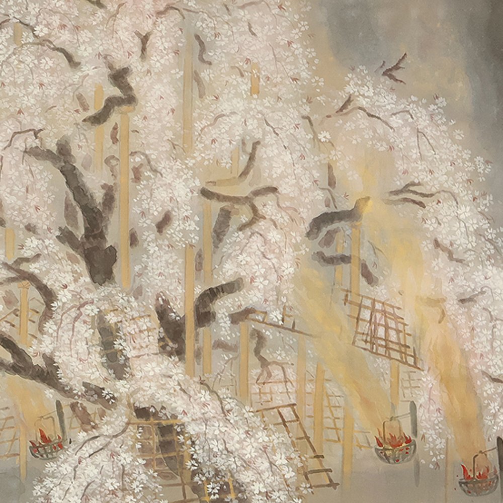 Weeping Cherry Tree and Hanging Lantern at Night with Box - with signature 'Ko' 篁 - Japan (No Reserve Price) #1.0