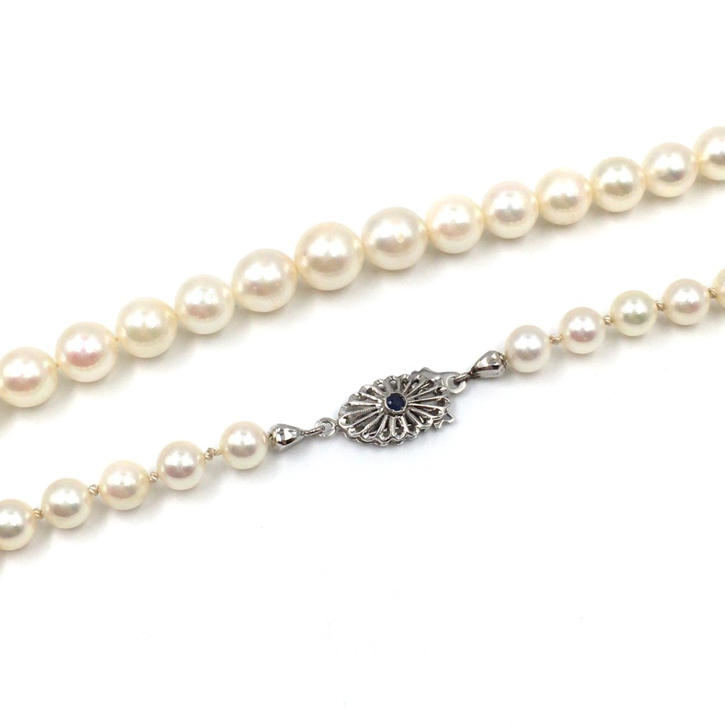 χωρίς τιμή ασφαλείας - Κολιέ - 18 καράτια Λευκός χρυσός Μαργαριτάρι - Ζαφείρι - Κολιέ με μαργαριταρένια αλυσίδα 45cm #2.1