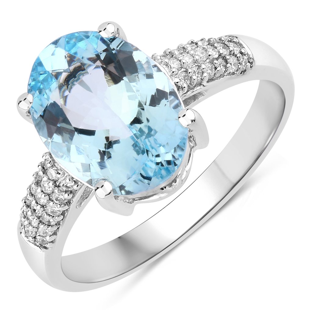 戒指 - 14K包金 白金 -  2.75ct. tw. 海蓝宝石 - 钻石 #1.0