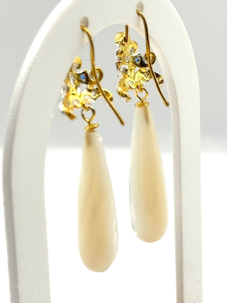 Nincs minimálár - Drop fülbevaló - 9 Kt Sárga arany, Ezüst Gyöngy - Gyémánt - zafír #4.3