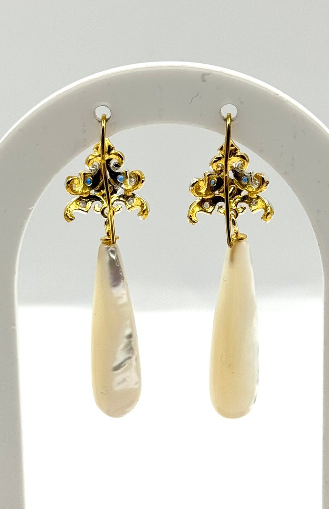 Nincs minimálár - Drop fülbevaló - 9 Kt Sárga arany, Ezüst Gyöngy - Gyémánt - zafír #3.2