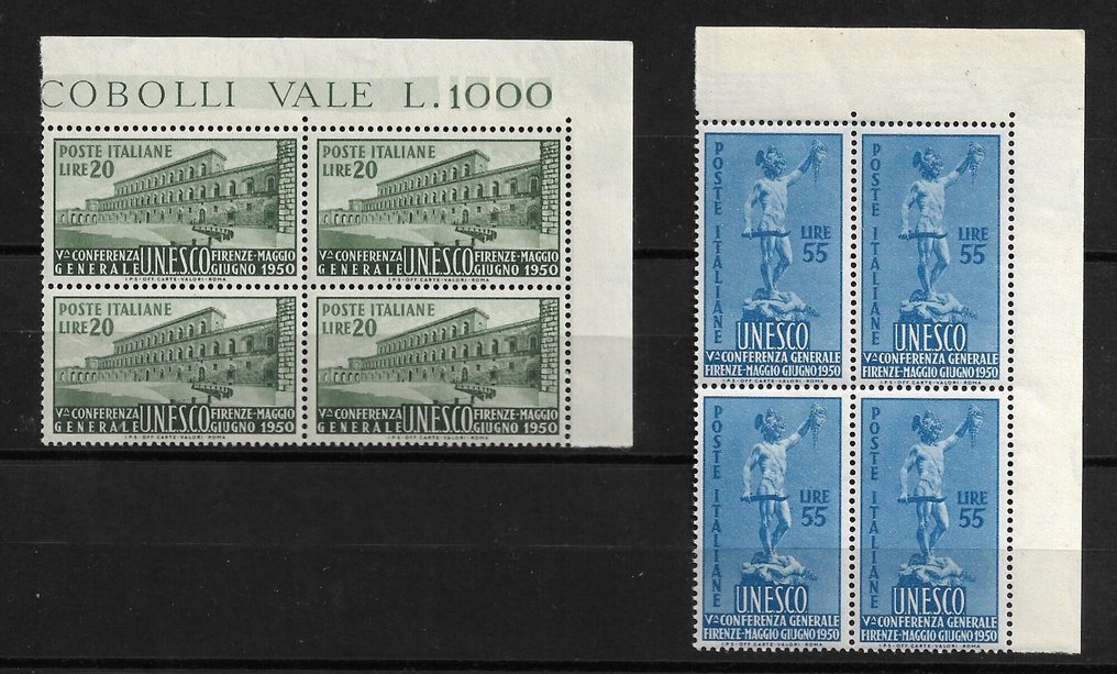 意大利共和国 1950 - 联合国教科文组织以精彩的四行诗形式展现两个价值观，采用完整的高品质“奢华”橡胶。 - Sassone N.618/19 #1.0