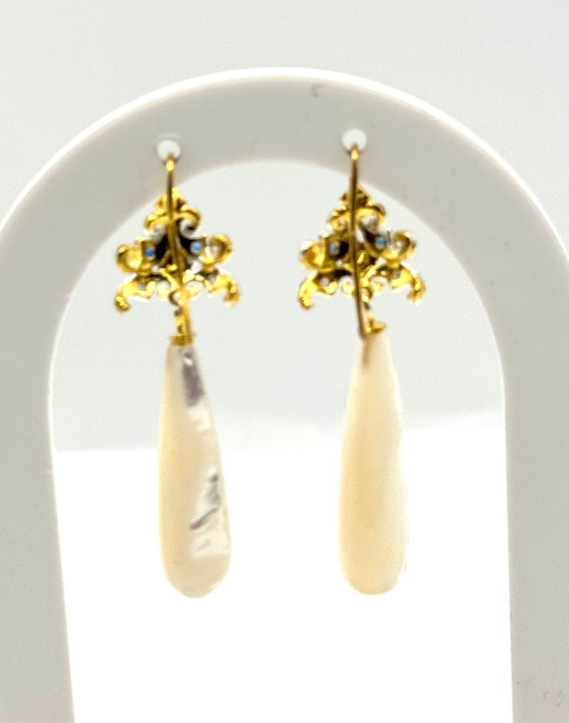 Nincs minimálár - Drop fülbevaló - 9 Kt Sárga arany, Ezüst Gyöngy - Gyémánt - zafír #2.1