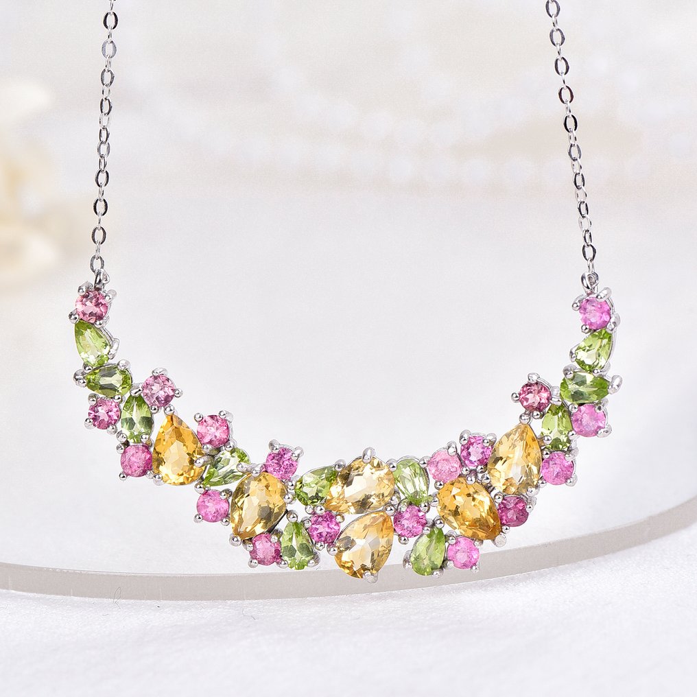 Utan reservationspris - Halsband Silver - Blandade ädelstenar - Certifierad #1.0