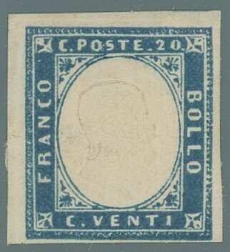 意大利古城邦-撒丁岛 1855 - 维多利奥·埃马努埃莱二世的肖像，20分深钴色，第15B号，第四版，全新无胶。 - Sassone n.15b #1.0