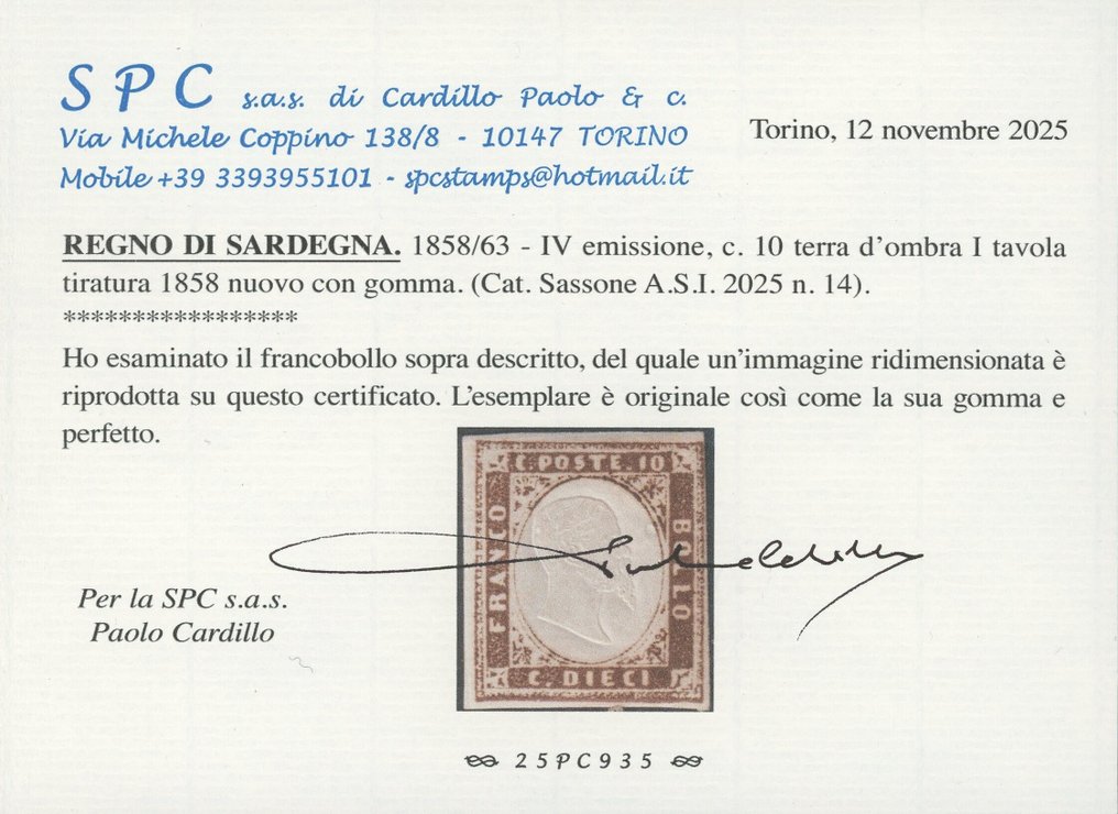 意大利古國－薩丁尼亞 1858 - 维托里奥·埃马努埃莱二世像，10分，土褐色，编号14，第四版，新的带橡胶 - Sassone n.14 #2.1