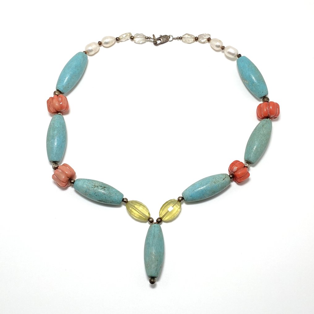 丝绸之路,中亚的 青金石、珊瑚、珍珠和水晶 项链珠子护符 - 52 cm #1.0