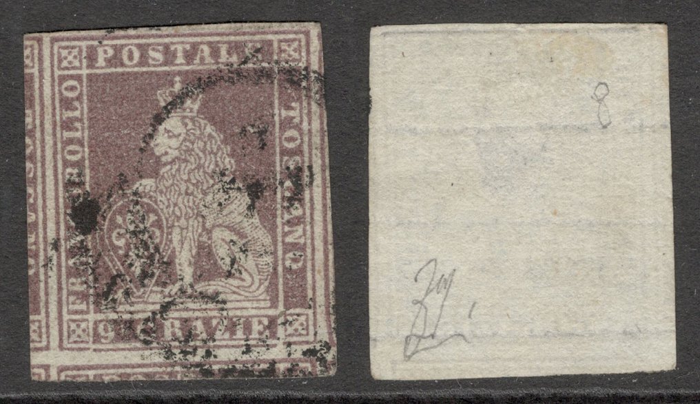 Αρχαία ιταλικά κράτη -  Τοσκάνη 1851 - Πρώτη έκδοση: Υπέροχο 9cr Brun-Violet σε Γκρι με 5 γείτονες! - Sassone n.8 #2.1