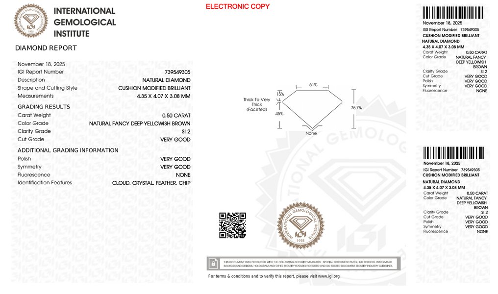 沒有保留價 - 1 pcs 鑽石 (天然) - 0.50 ct - 枕形 - SI2 - 國際寶石學院(International Gemological Institute (IGI)) #4.3