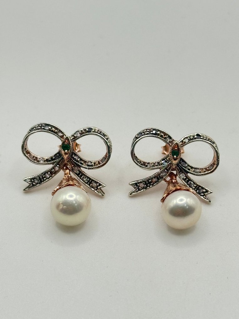 Nincs minimálár - Drop fülbevaló - 9 Kt Ezüst, Rózsa arany Smaragd - Gyémánt #1.0