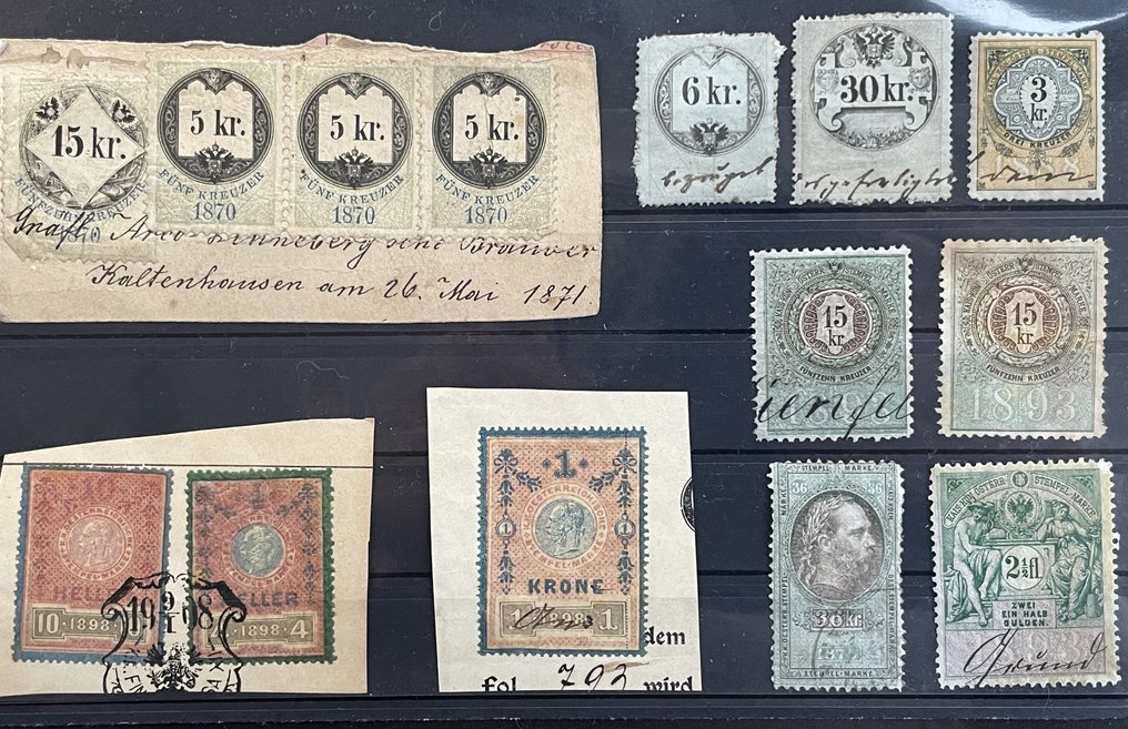 奥地利 1870/1935 - 非常漂亮且具有历史意义的财政邮票收藏——四种货币:克鲁泽、克朗、通货膨胀和 #1.0