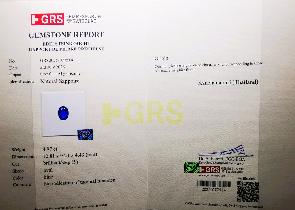 1 pcs  蓝色 蓝宝石  - 4.97 ct - 瑞士宝石研究中心（GRS） - 坎差那布里/皇家 #1.0