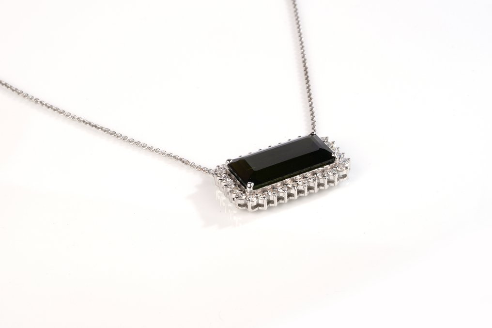 頸鏈 - 18 克拉 白金 -  11.97ct. tw. 電氣石 - 鉆石 #4.3