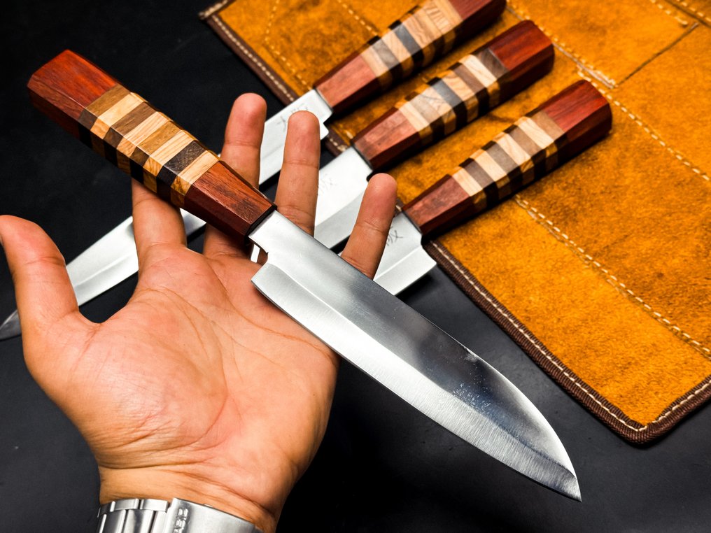 Japanese Style Kitchen Knife SET With Leather BAG Included - Konyhakés - Kitchen knife set - IT-06 - Acél, Fa - Olaszország - Rozsdamentes acél 4 db #3.2