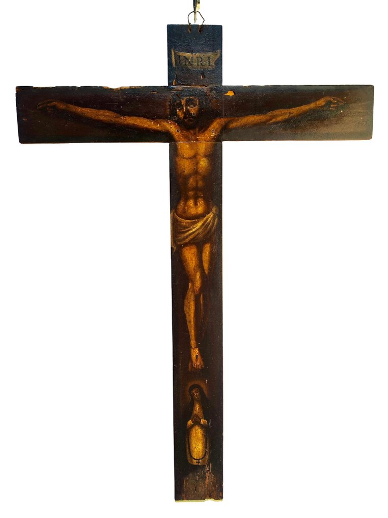 Αντίκες Εσταυρωμένος - Ξύλο - 1700-1750 - Αντίκα κρυσάκι ζωγραφισμένη ευλαβική εικόνα - 79 εκ. #1.0