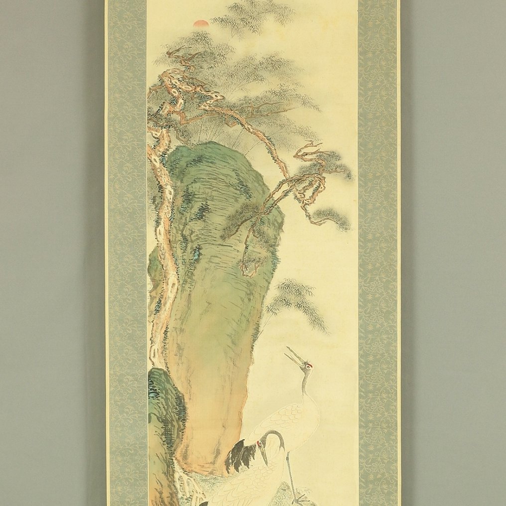 Rising Sun, Pine Tree, and Two Cranes - with signature and seal 'Shokoku' 樵谷 - Japan  (No Reserve Price) #1.0