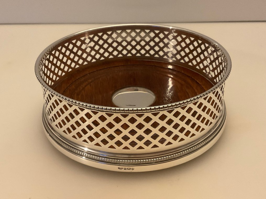 W . I . Broadway & Co - Sottobottiglia -  Sottobicchiere per bottiglia di champagne in argento sterling con base in legno tornito e gallerie, - Argento Sterling 925 #2.1