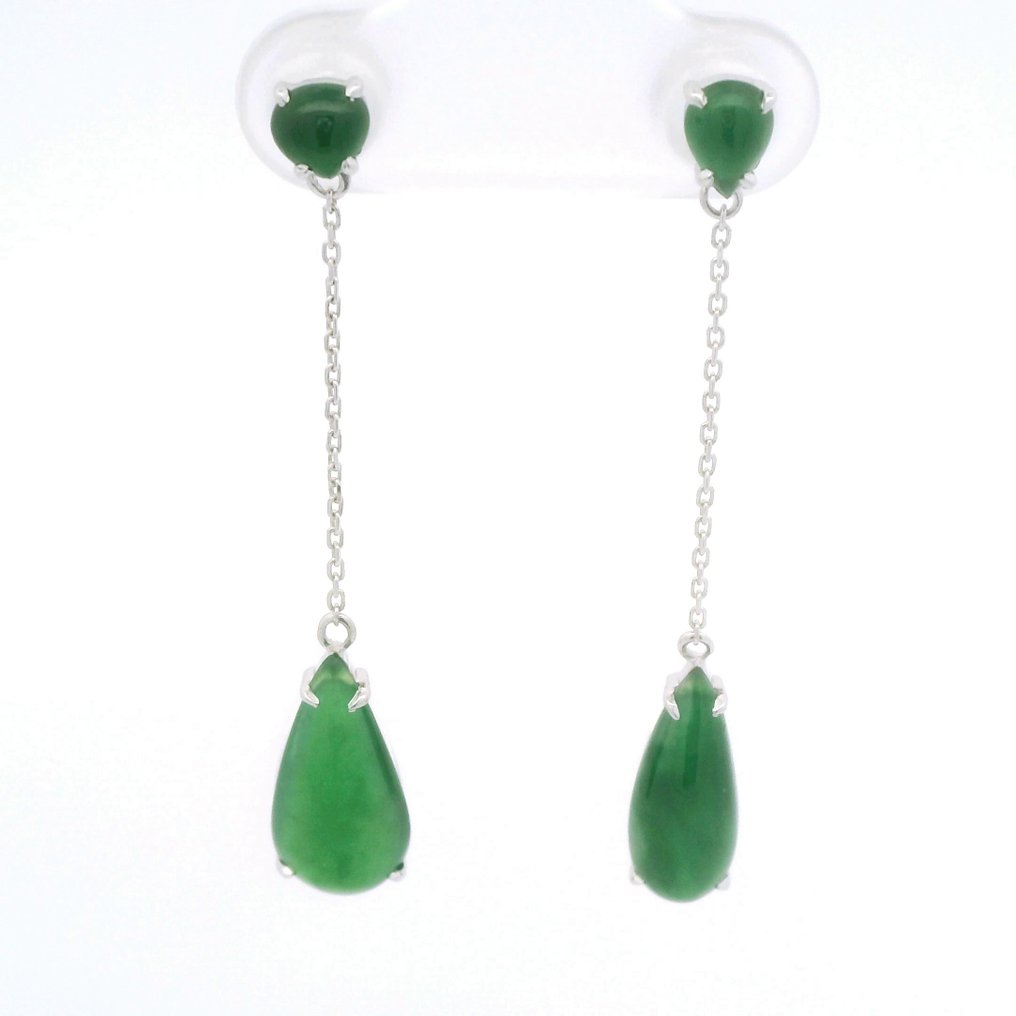 χωρίς τιμή ασφαλείας - Κρεμαστό κόσμημα - 14 καράτια Λευκός χρυσός, Ασημένια σκουλαρίκια από λευκό χρυσό 14K με Jadeite — Πιστοποιημένα από NGTC. Νεφρίτης #1.0