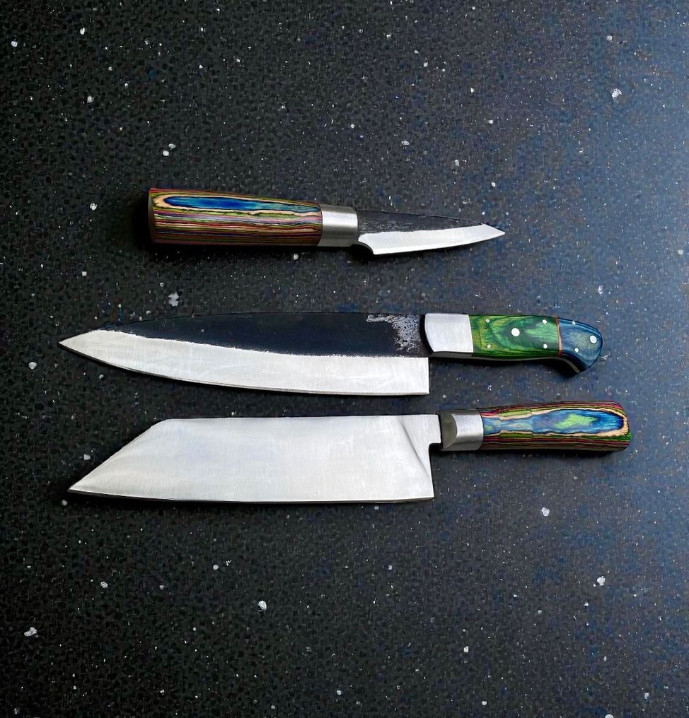 Set of THREE, Hand-Forged with Old Steel, Japanese Style Knives from Elite - Μαχαίρι κουζίνας - Chef's knife - Χάλυβας, Ξύλο, Εκλεκτό σετ 3 τεμαχίων, χειροποίητα σφυρηλατημένα ιαπωνικά παλαιά ατσάλι, αντίκες μαχαίρια - Ιαπωνία #2.1