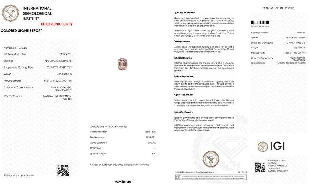 No reserve price - 1 pcs Pink Spodumene - 12.06 ct - International Gemological Institute (IGI) #2.1