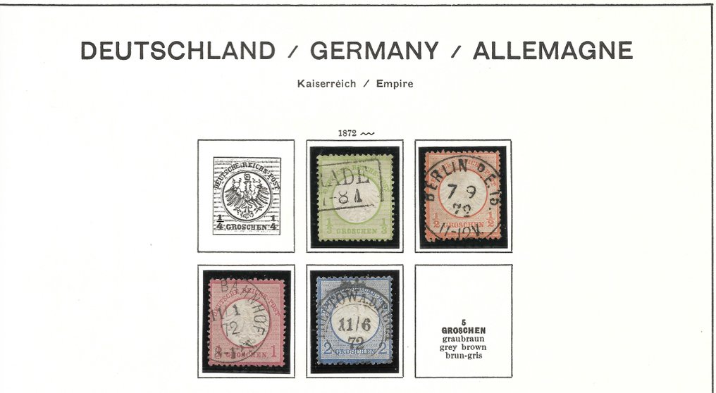德意志帝國 1872/1874 - D. R. Brustschild收藏在两个Schaubek相册页上 - Deutschland 2023 / aus Mi.-Nr. 2 - 29 #2.1