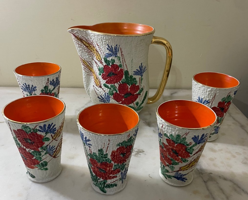 F.A.C.I. Civita Castellana, anni '50 - Σετ πρωινού (6) - Κεραμική - Χειροποίητη ζωγραφική - Ύψος κανάτας: 19 εκ. #1.0