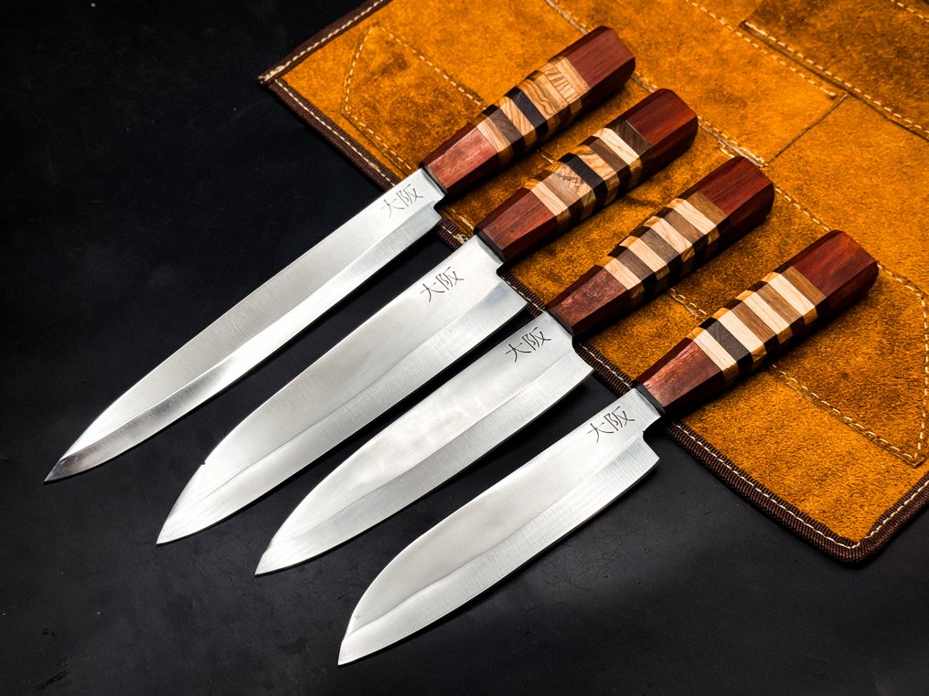Japanese Style Kitchen Knife SET With Leather BAG Included - Konyhakés - Kitchen knife set - IT-06 - Acél, Fa - Olaszország - Rozsdamentes acél 4 db #1.0