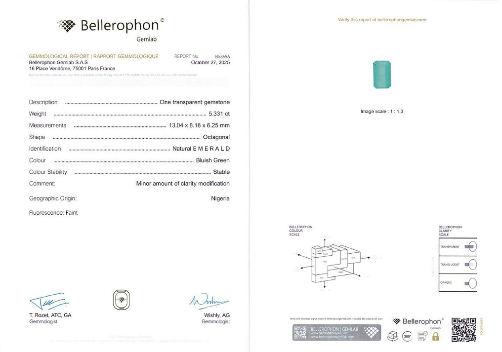 No reserve price Emerald  - 5.33 ct - Bellerophon Gemlab - Bluish Green (Nigeria) #4.3