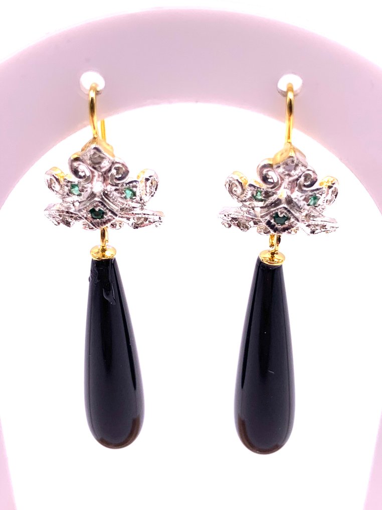 没有保留价 - 耳环 - 9 kt. 黄金, 银 缟玛瑙 - 钻石 - 祖母绿 #3.2