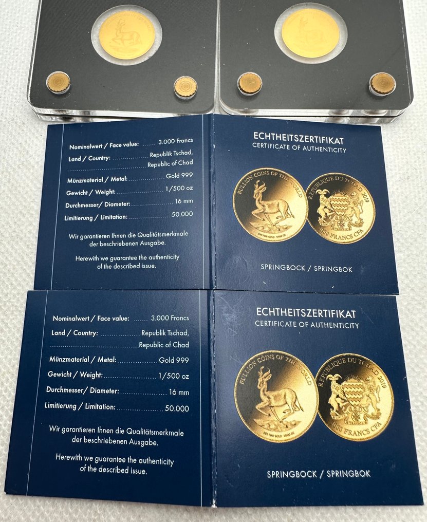 Chad. 3000 Francs ND 2x Springbock , 2x1/500 Oz, oro (.999)  (No reserve price) #3.2