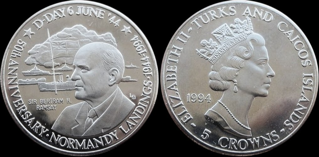 特克斯和凯科斯群岛（英国海外领土）. 4 Coins - 5 Crowns - 1994 - Generals of Normandy Landing (Low Mintage)  (没有保留价) #2.1