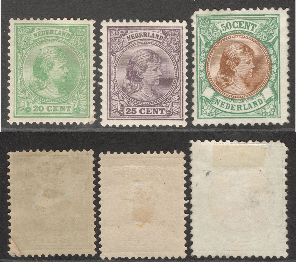 Netherlands 1891/1896 - Reine Wilhelmine: 20c green, 25c lilac, and 50c green and brown. - NVPH 40-42 et 45 #2.1