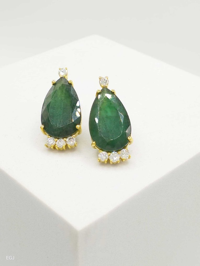 Koktél fülbevaló - 18 kt. Sárga arany Smaragd - Gyémánt #2.1